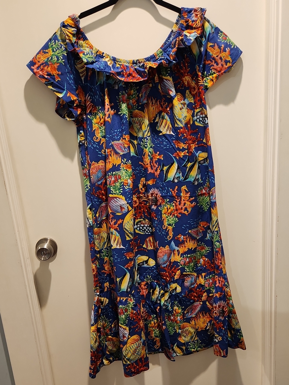 Hilo Hatties Hawaiian Original Cotton Blue Tropical Ruffle Dress With Pocket